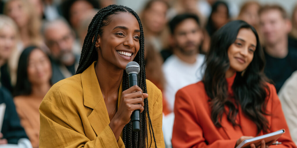 Smiling woman asking question with microphone at conference audience for event engagement banner and seminar background.